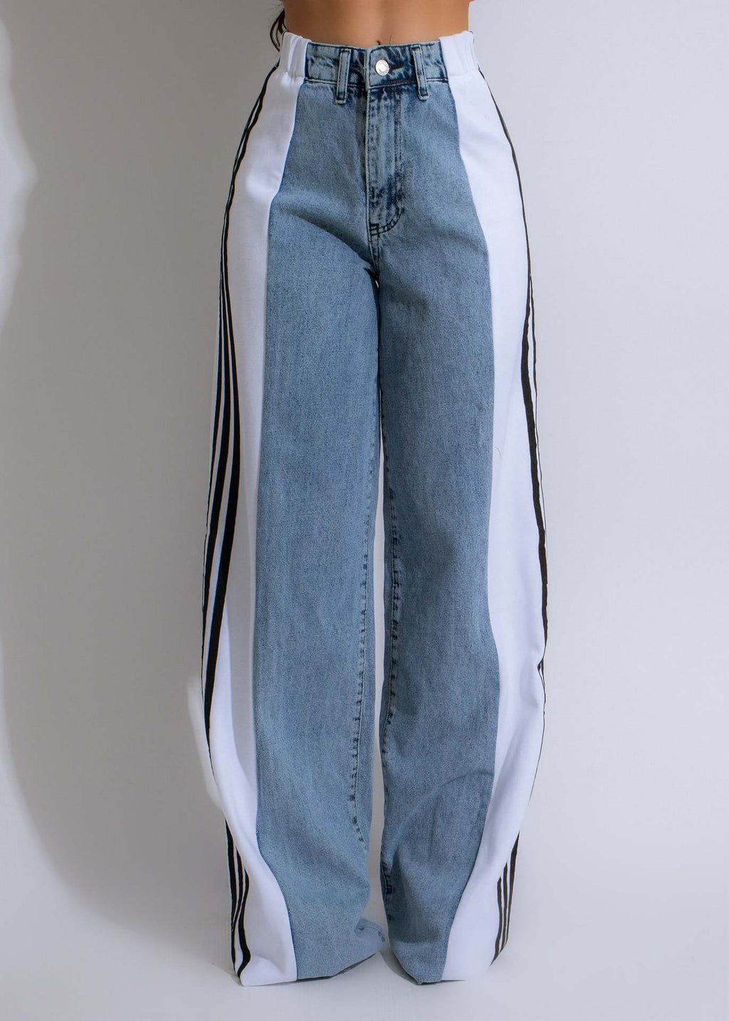 Casual High Waist Elastic Straight Leg Trousers Three Stripe Patchwork Denim Wide Leg Pants Streetwear