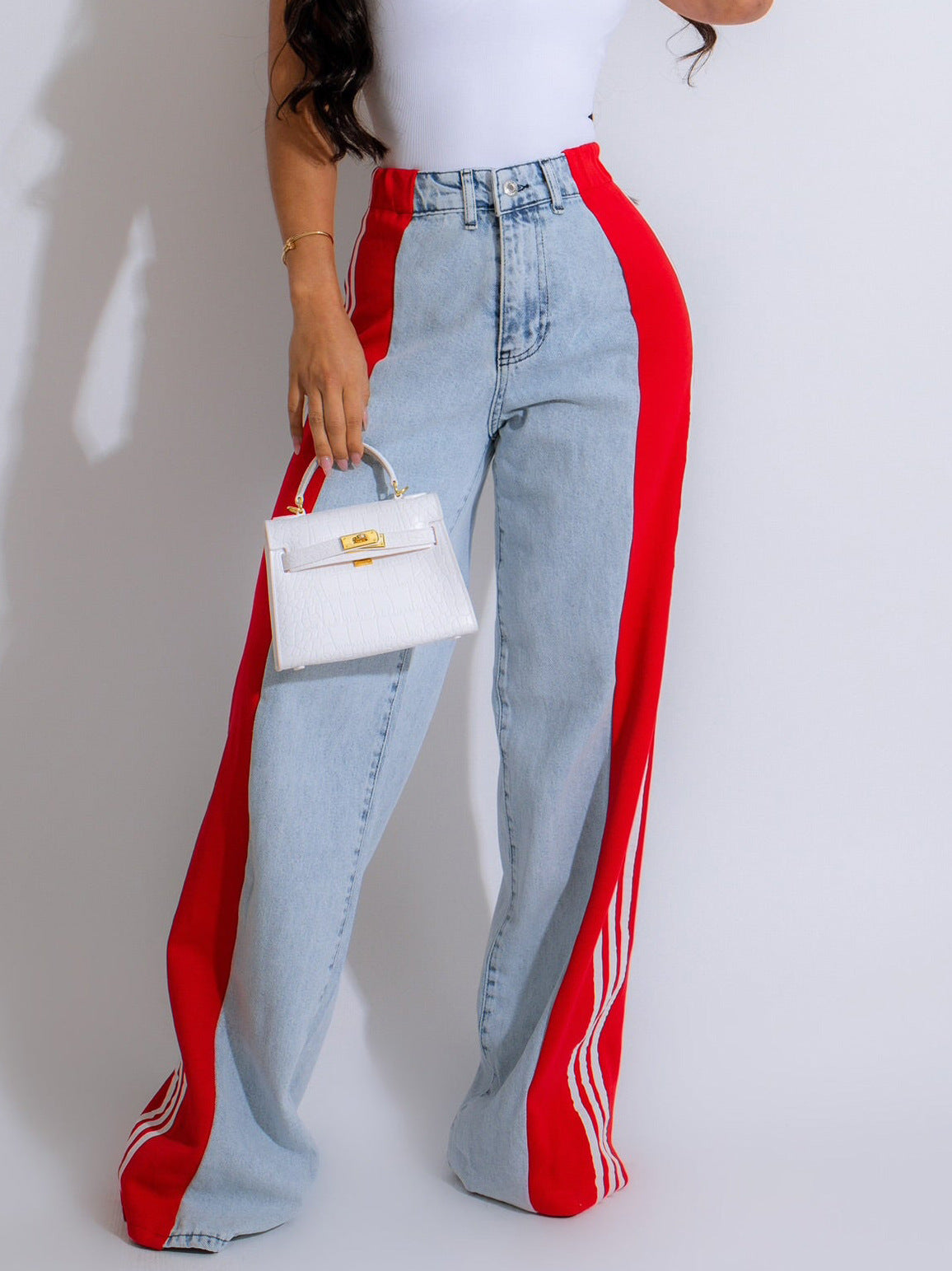 Casual High Waist Elastic Straight Leg Trousers Three Stripe Patchwork Denim Wide Leg Pants Streetwear