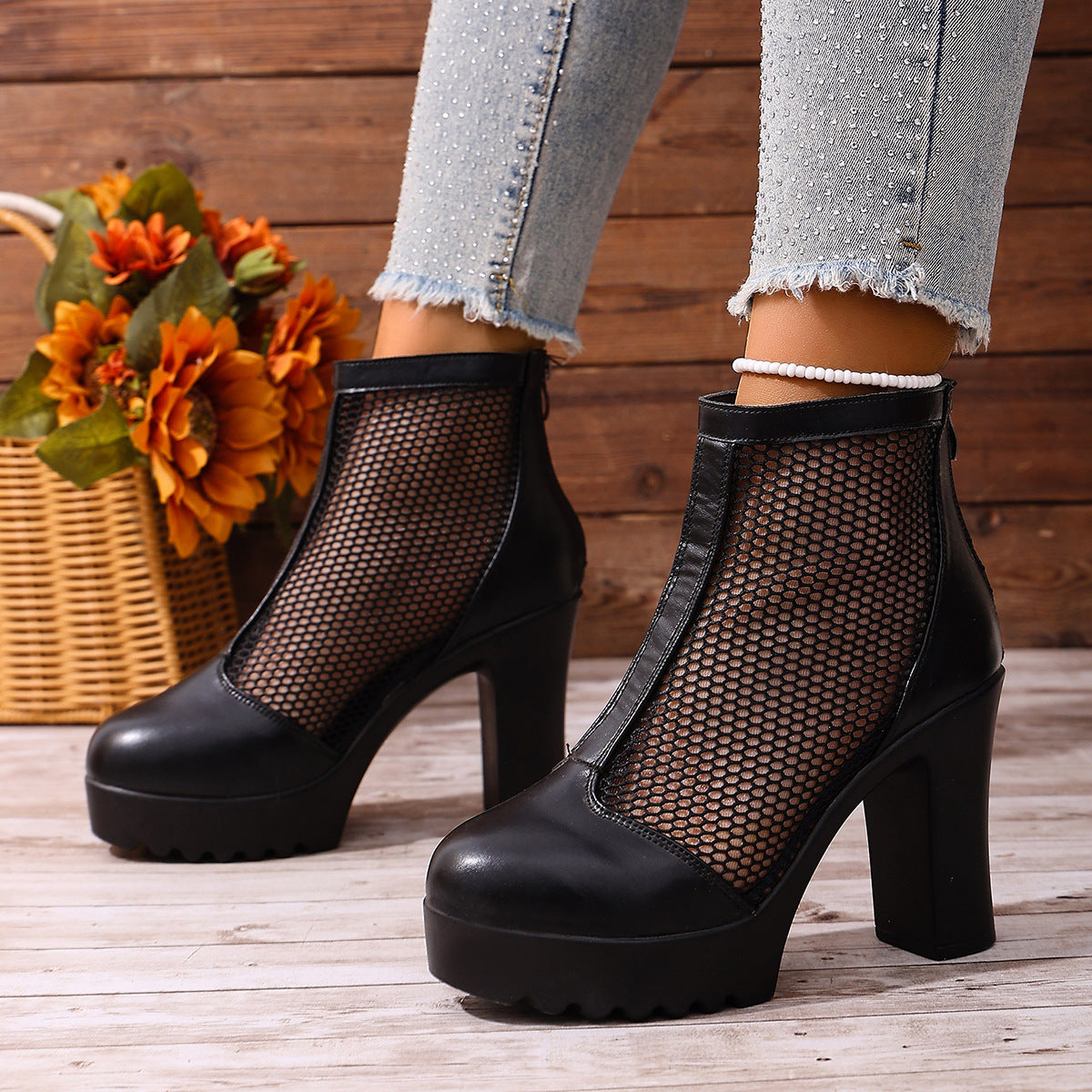Womens Mesh Chunky Heel Fashion Ankle Boots With Back Zip