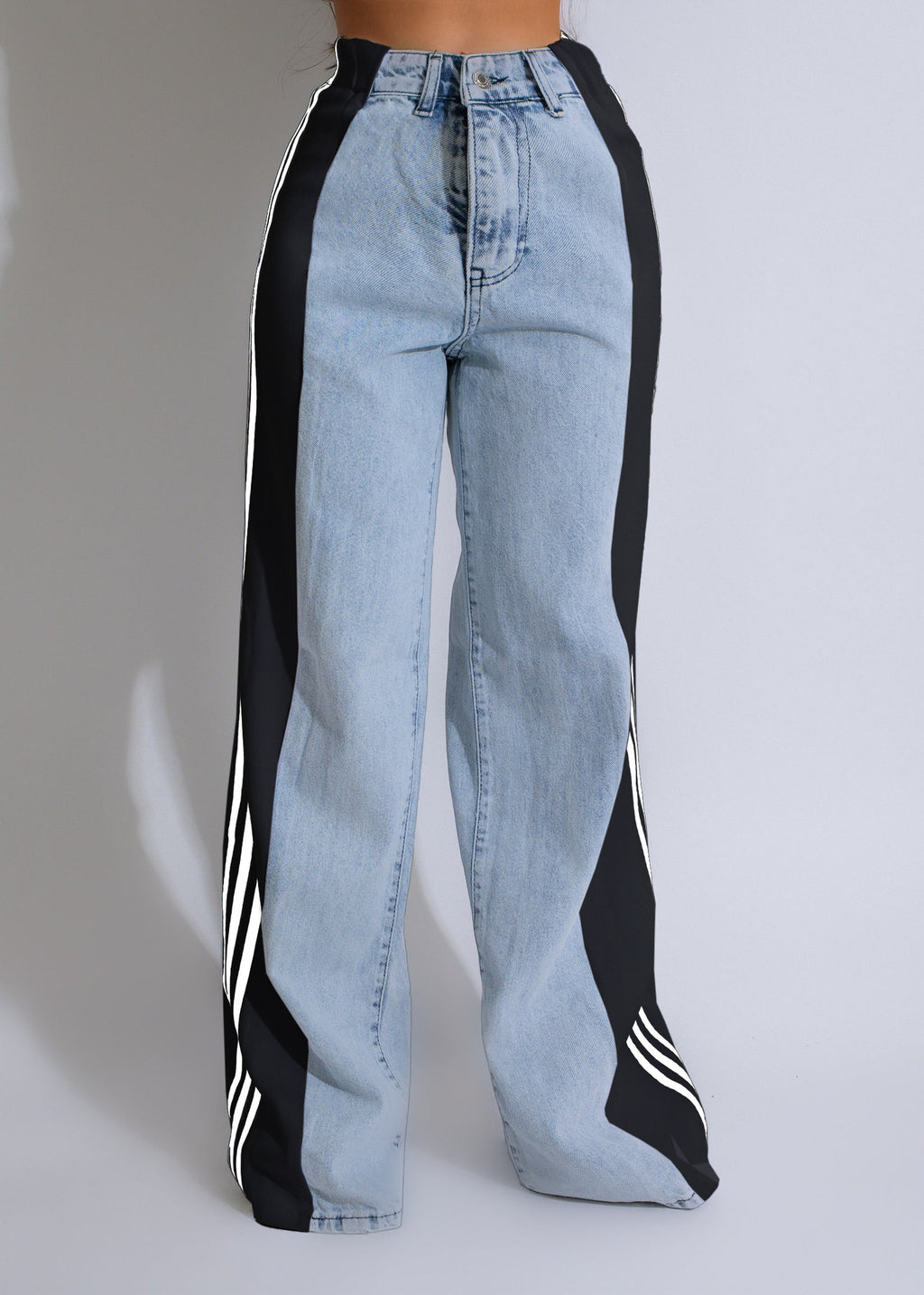 Casual High Waist Elastic Straight Leg Trousers Three Stripe Patchwork Denim Wide Leg Pants Streetwear