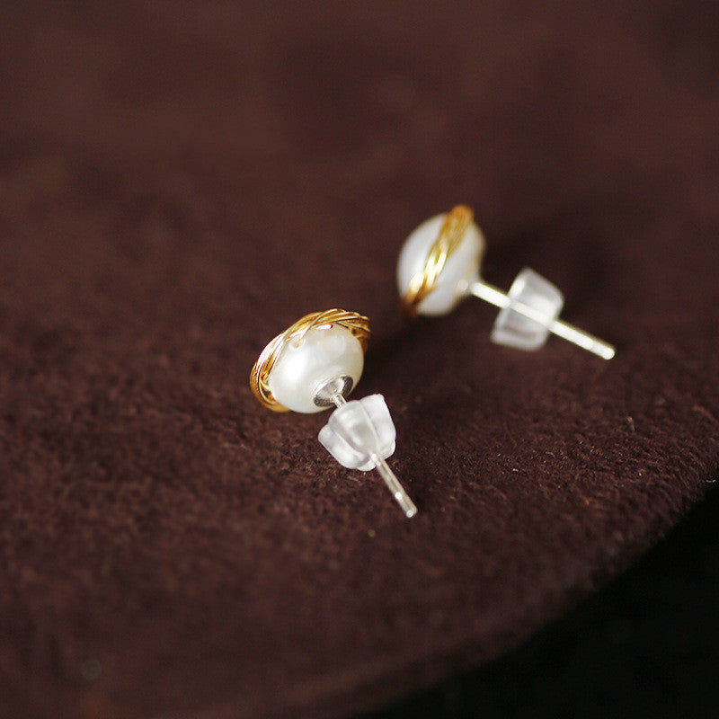 Pearl 14K Real Gold Plated Pearl Stud Earrings 925 Silver