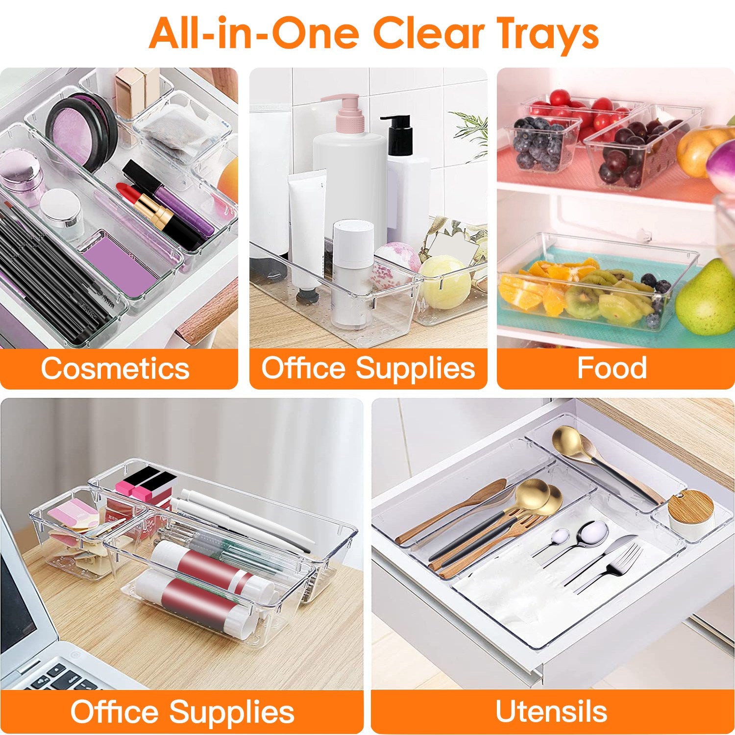 25Pcs Clear Plastic Drawer Organizers Set 4 Sizes Desk Drawer Dividers Trays Storage Bins For Vanity Cabinet Makeup Bathroom Office Kitchen Bedroom Jewelry