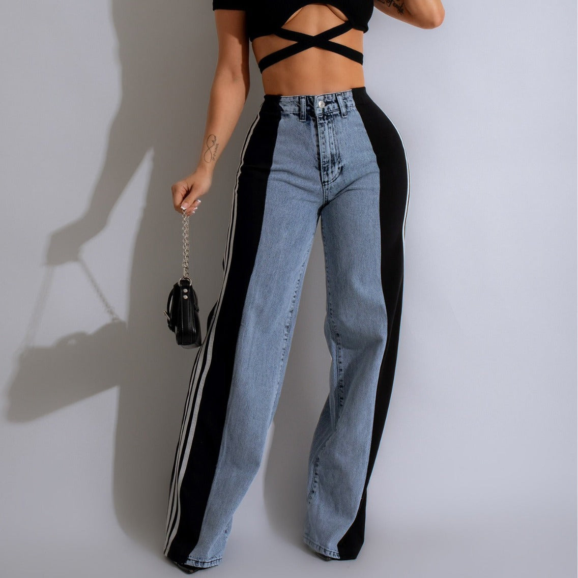 Casual High Waist Elastic Straight Leg Trousers Three Stripe Patchwork Denim Wide Leg Pants Streetwear