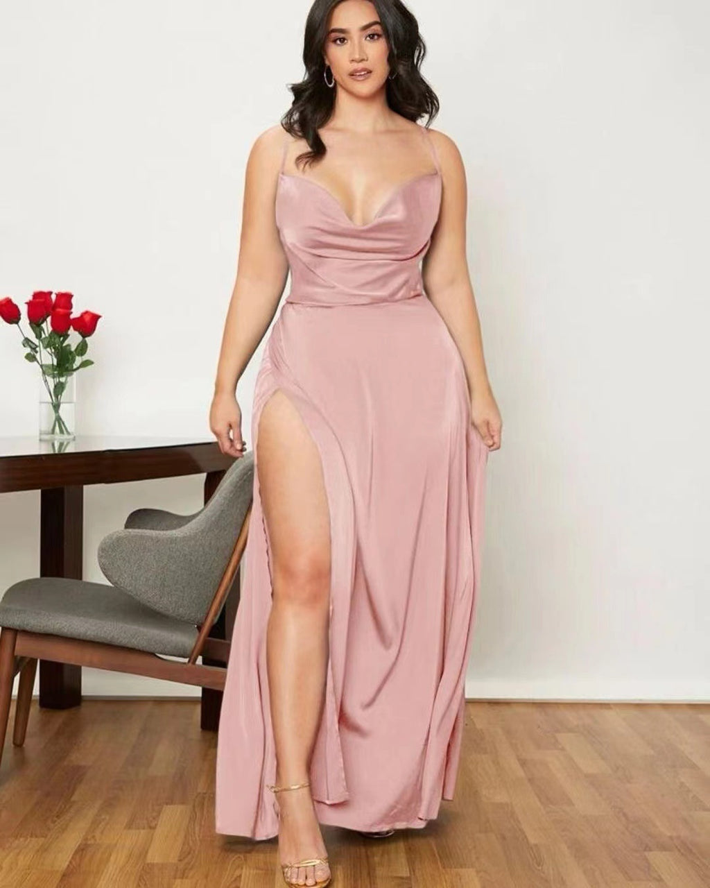 Summer Sexy Slimming Backless Strap Long Split Dress Women's Fashion High Waist Belted Gown V-neck