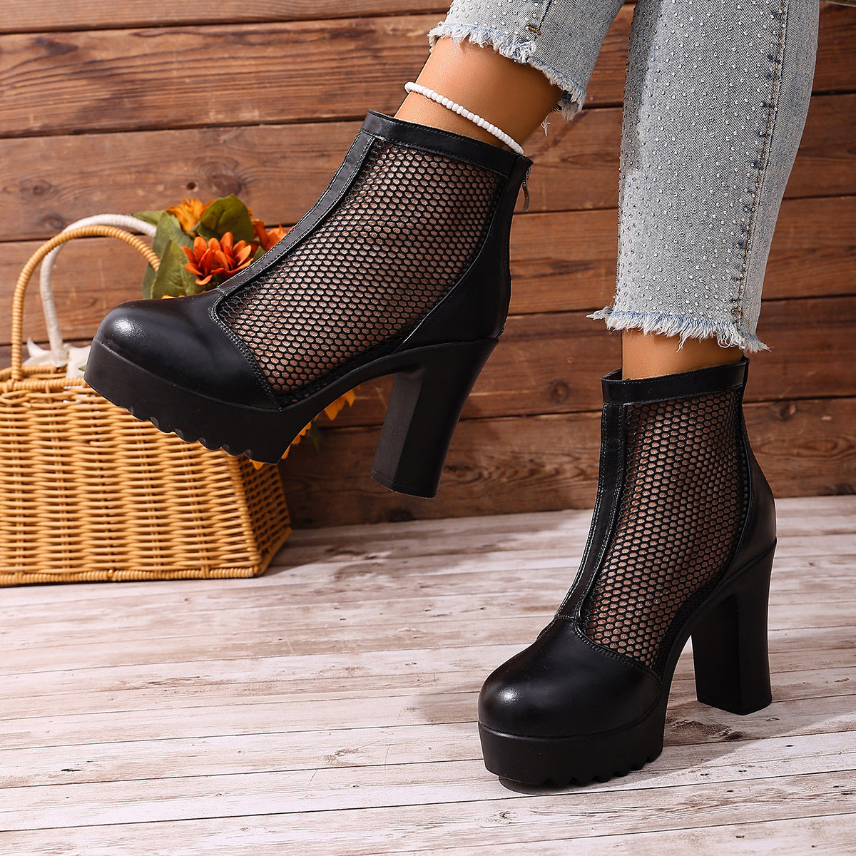 Womens Mesh Chunky Heel Fashion Ankle Boots With Back Zip