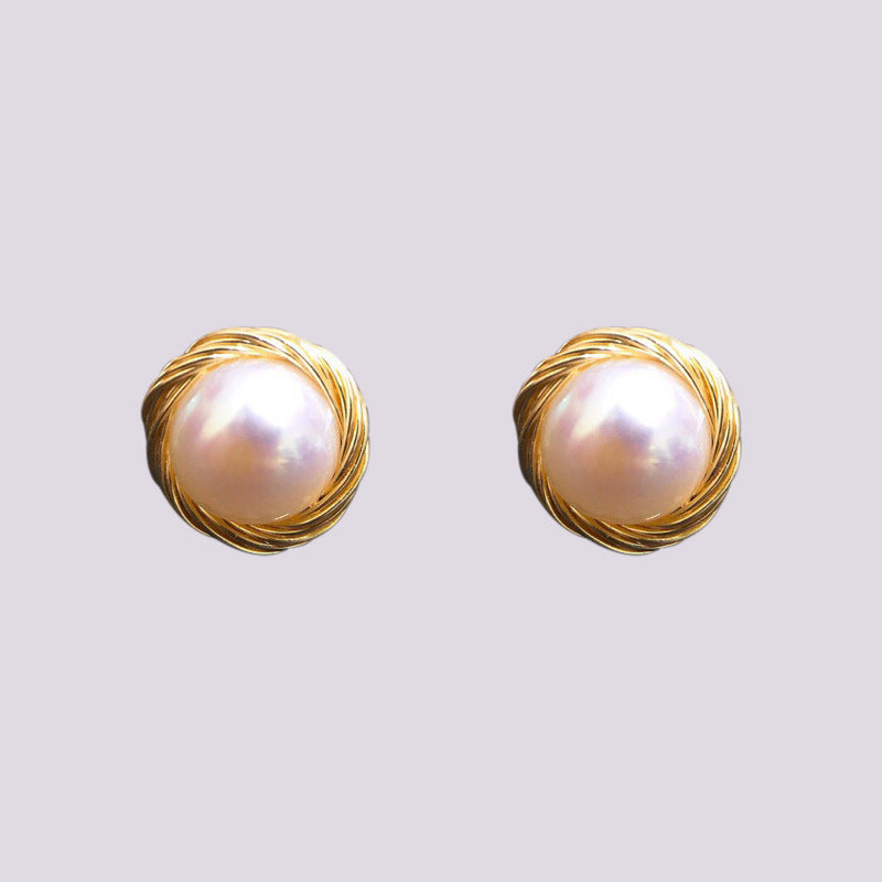 Pearl 14K Real Gold Plated Pearl Stud Earrings 925 Silver