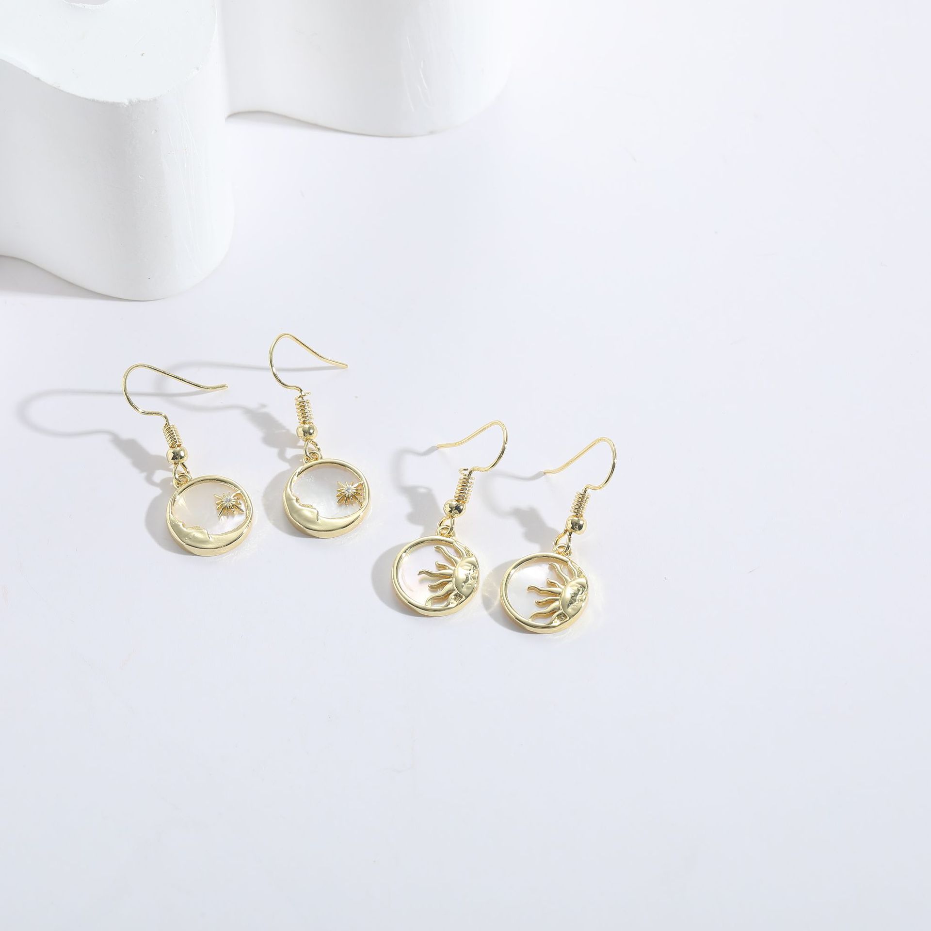 Zircon Gold Earrings Sun Moon Shell Ornament 14k Real Gold Copper Jewelry