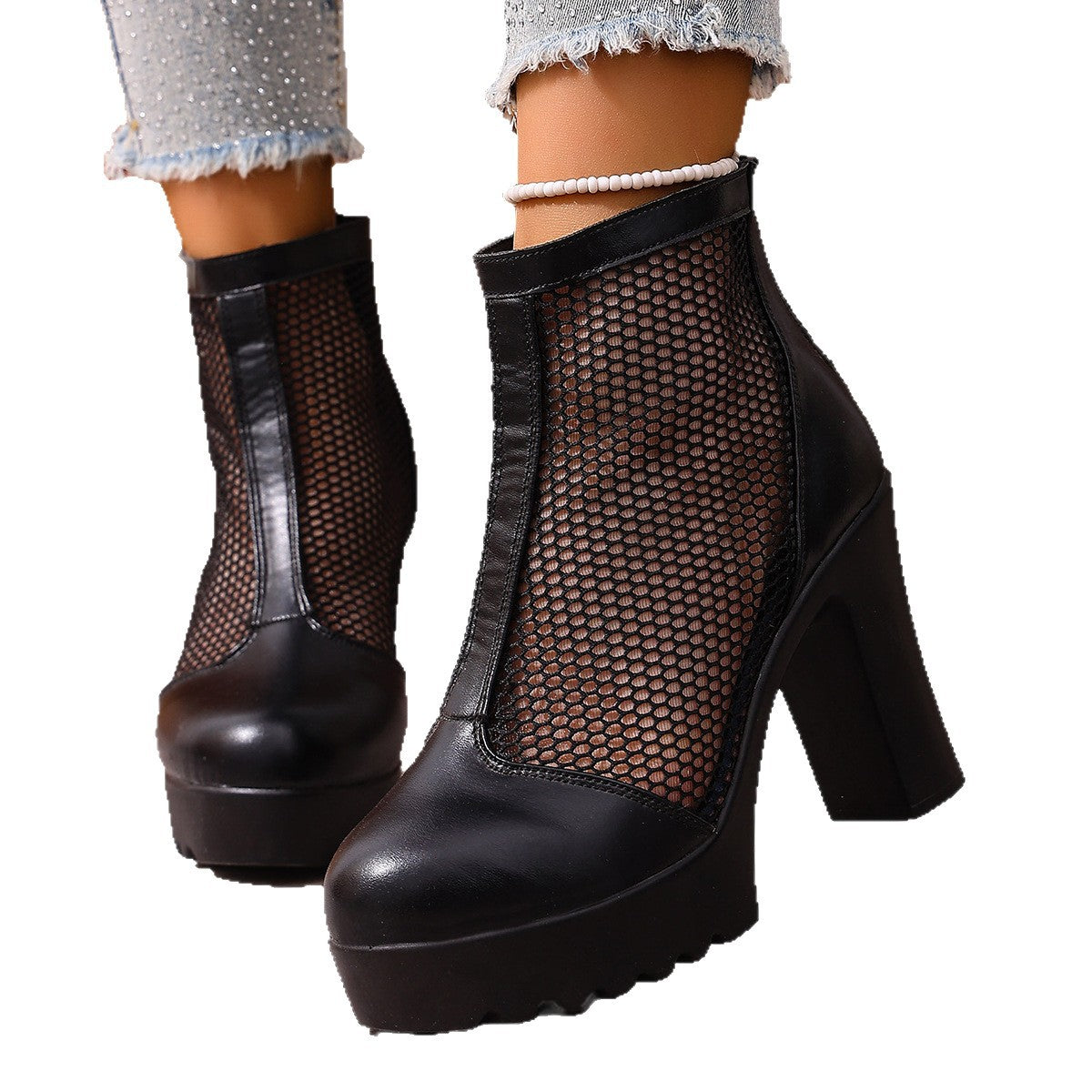 Womens Mesh Chunky Heel Fashion Ankle Boots With Back Zip