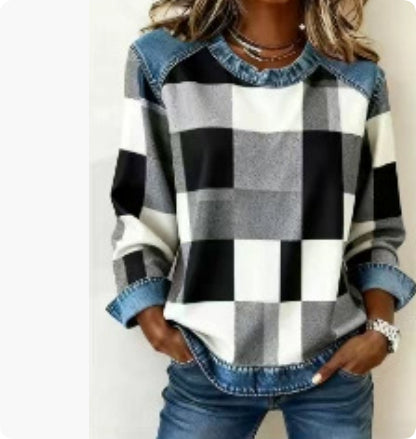 Denim Patchwork Sweatshirt Fashion Unique Crewneck Pullover Long-sleeved Shirt Top Women's Clothing