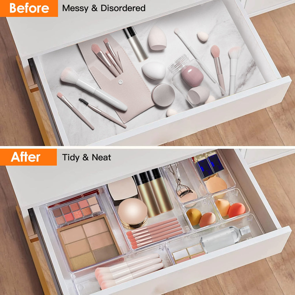 25Pcs Clear Plastic Drawer Organizers Set 4 Sizes Desk Drawer Dividers Trays Storage Bins For Vanity Cabinet Makeup Bathroom Office Kitchen Bedroom Jewelry