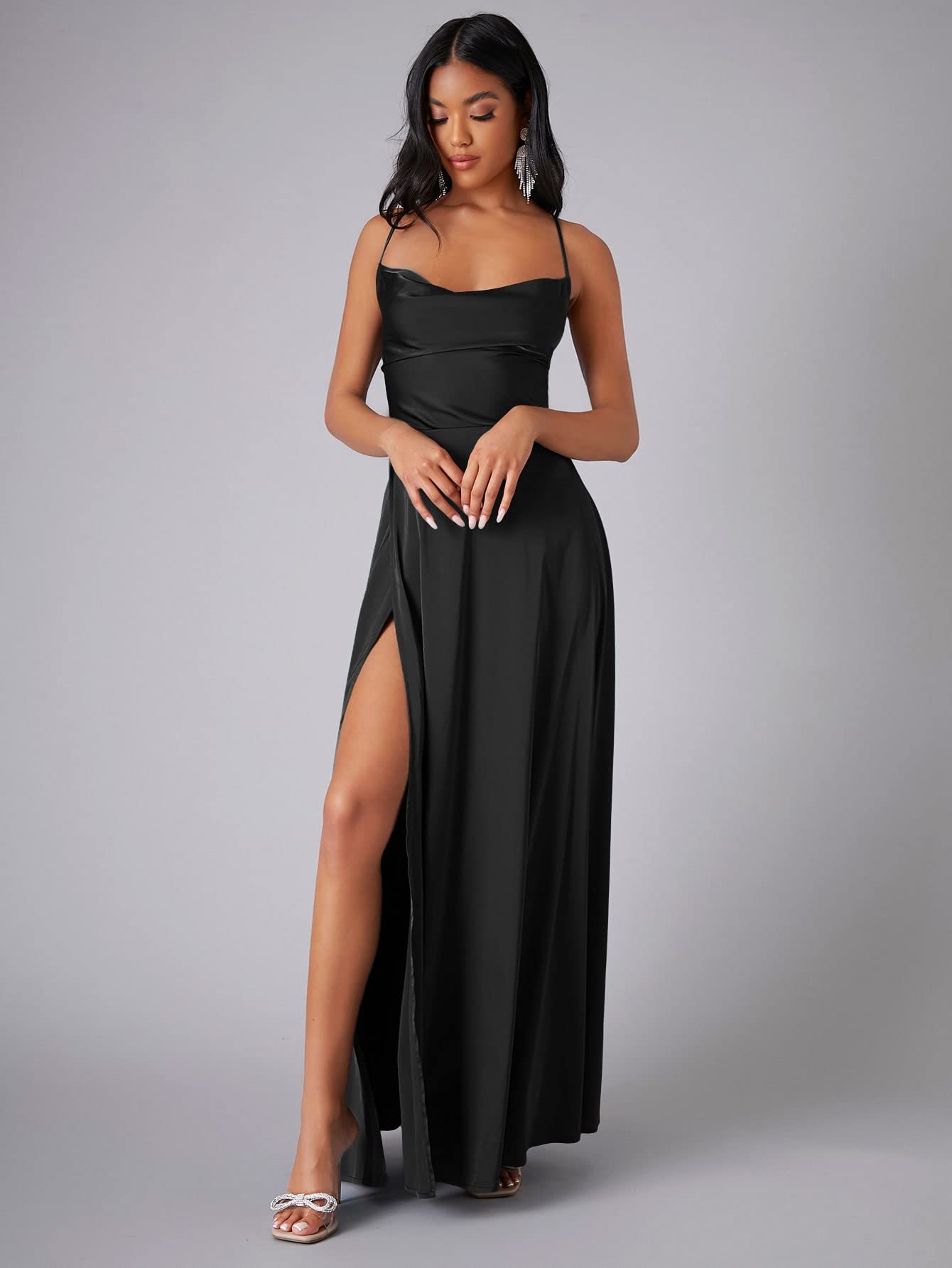 Summer Sexy Slimming Backless Strap Long Split Dress Women's Fashion High Waist Belted Gown V-neck