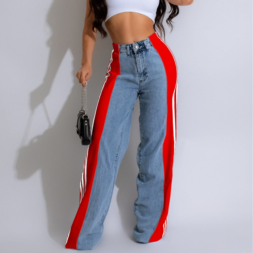 Casual High Waist Elastic Straight Leg Trousers Three Stripe Patchwork Denim Wide Leg Pants Streetwear