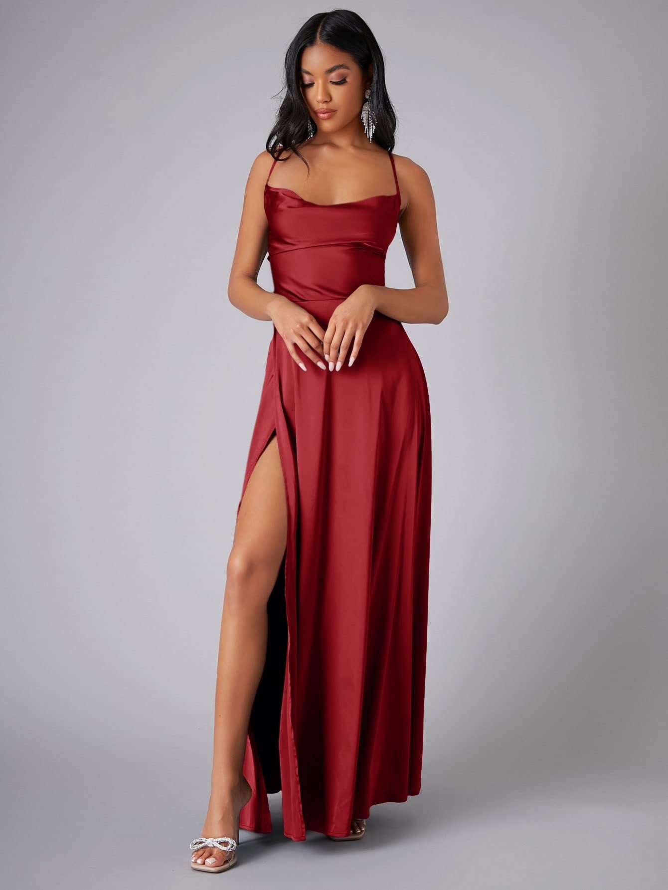 Summer Sexy Slimming Backless Strap Long Split Dress Women's Fashion High Waist Belted Gown V-neck