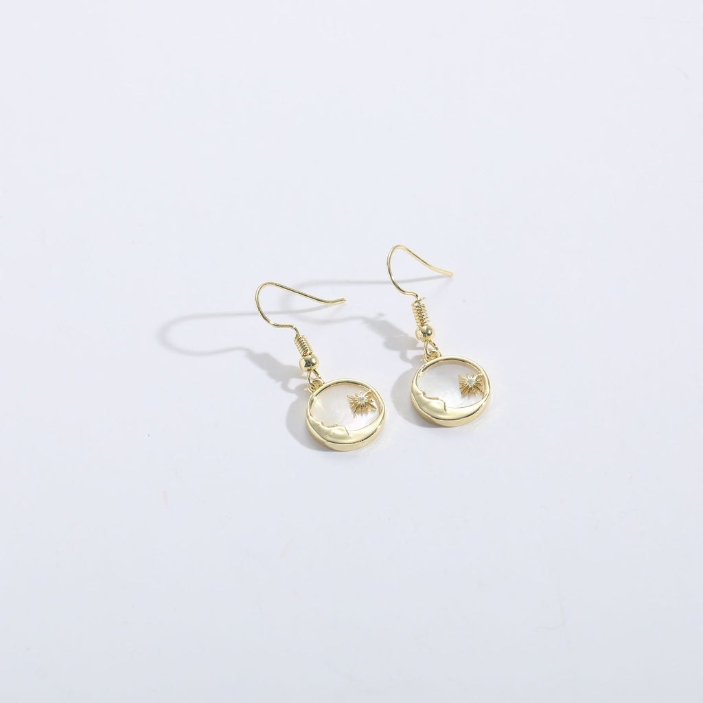 Zircon Gold Earrings Sun Moon Shell Ornament 14k Real Gold Copper Jewelry