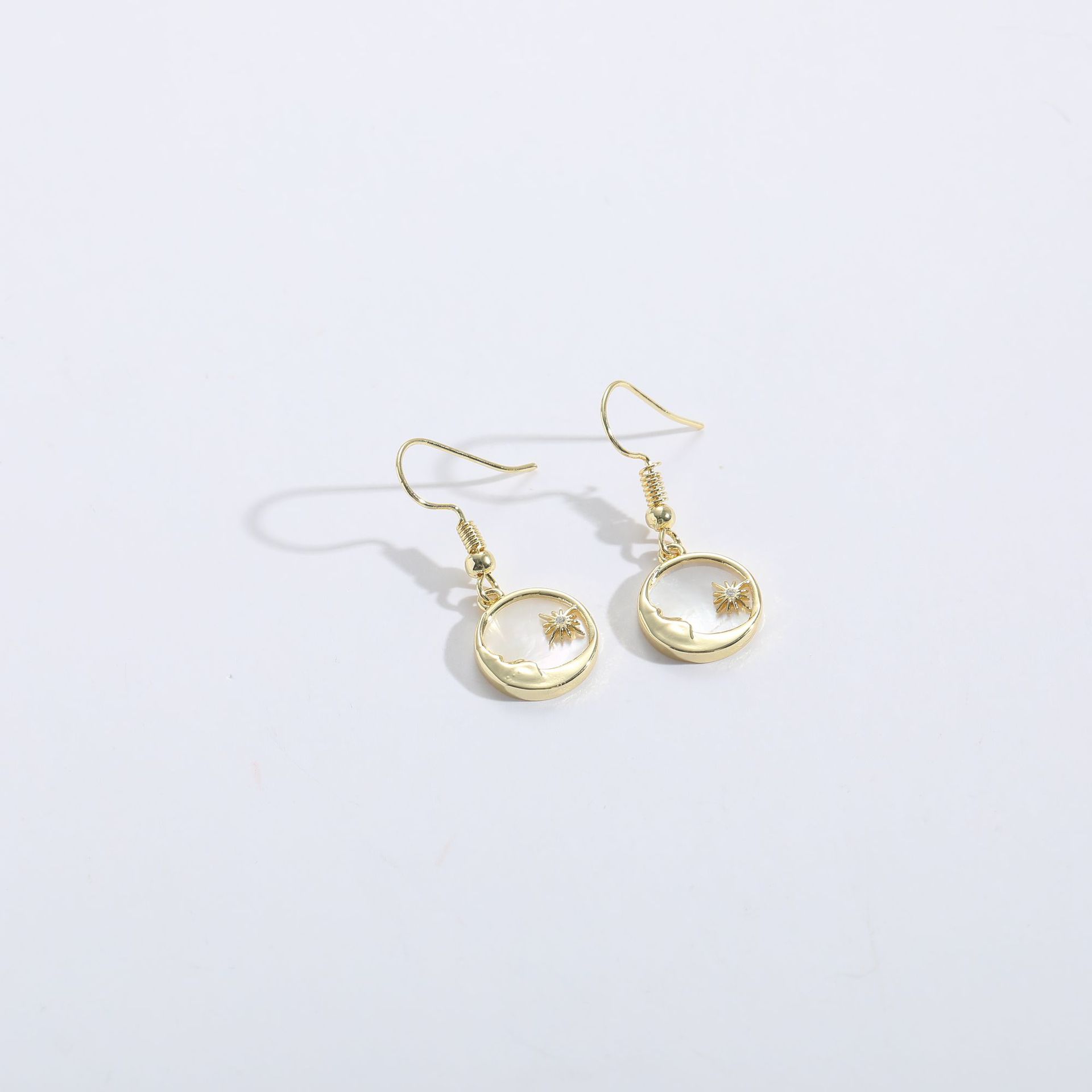 Zircon Gold Earrings Sun Moon Shell Ornament 14k Real Gold Copper Jewelry