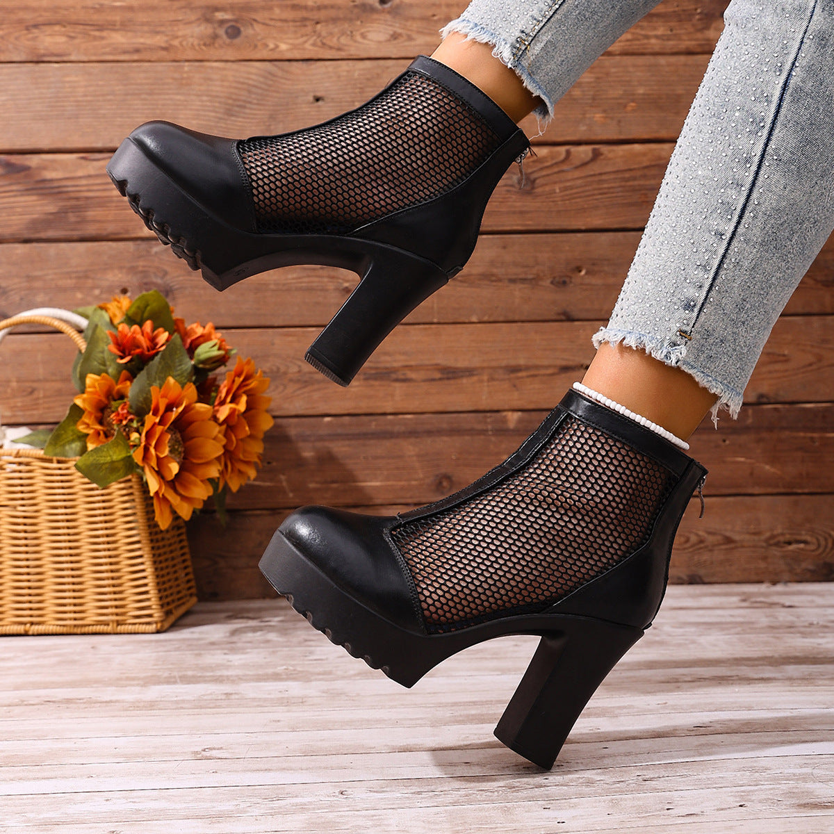 Womens Mesh Chunky Heel Fashion Ankle Boots With Back Zip