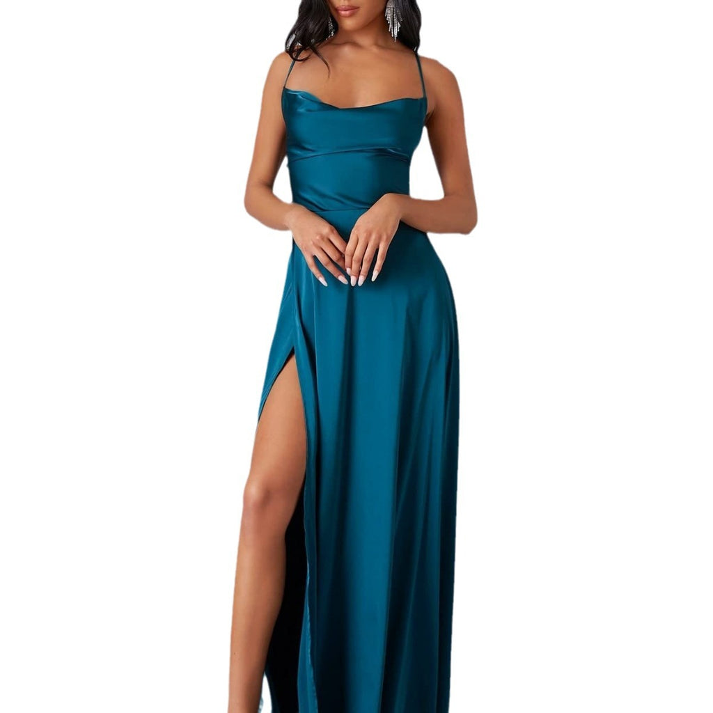 Summer Sexy Slimming Backless Strap Long Split Dress Women's Fashion High Waist Belted Gown V-neck