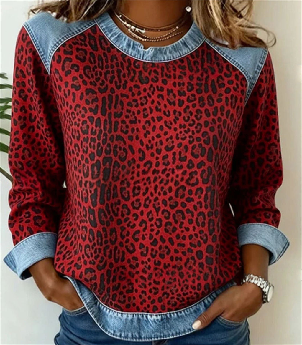 Denim Patchwork Sweatshirt Fashion Unique Crewneck Pullover Long-sleeved Shirt Top Women's Clothing