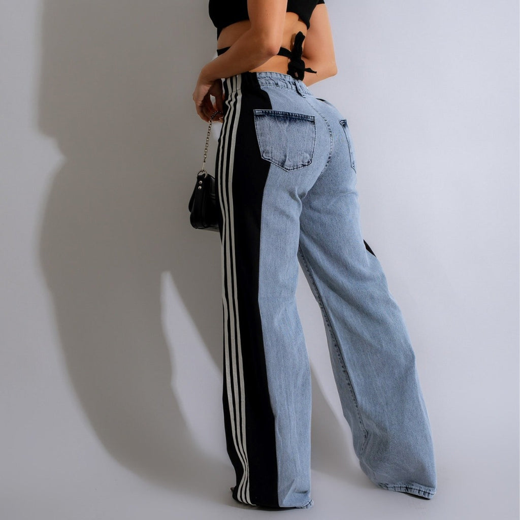 Casual High Waist Elastic Straight Leg Trousers Three Stripe Patchwork Denim Wide Leg Pants Streetwear