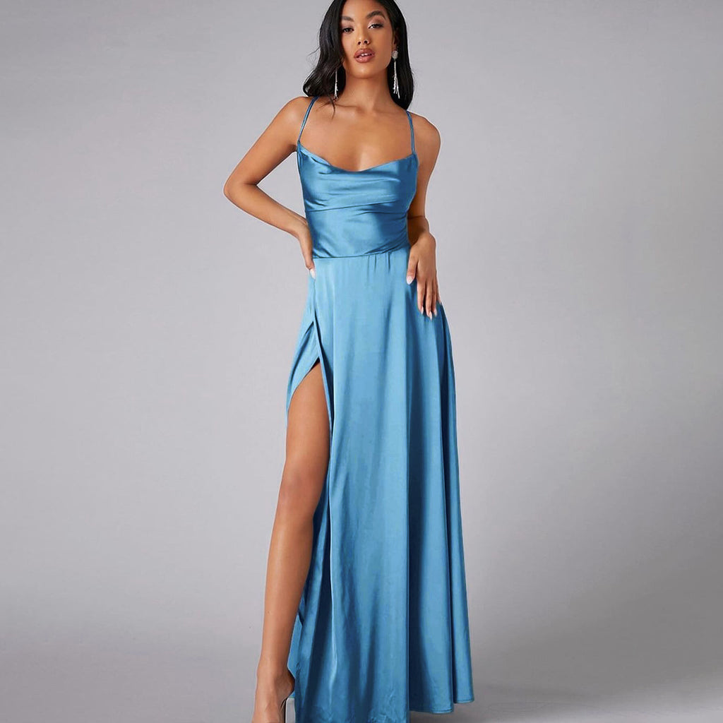 Summer Sexy Slimming Backless Strap Long Split Dress Women's Fashion High Waist Belted Gown V-neck