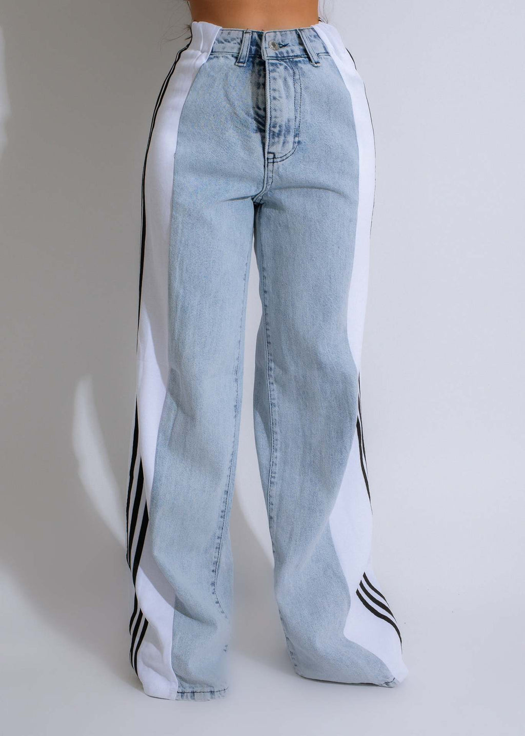 Casual High Waist Elastic Straight Leg Trousers Three Stripe Patchwork Denim Wide Leg Pants Streetwear
