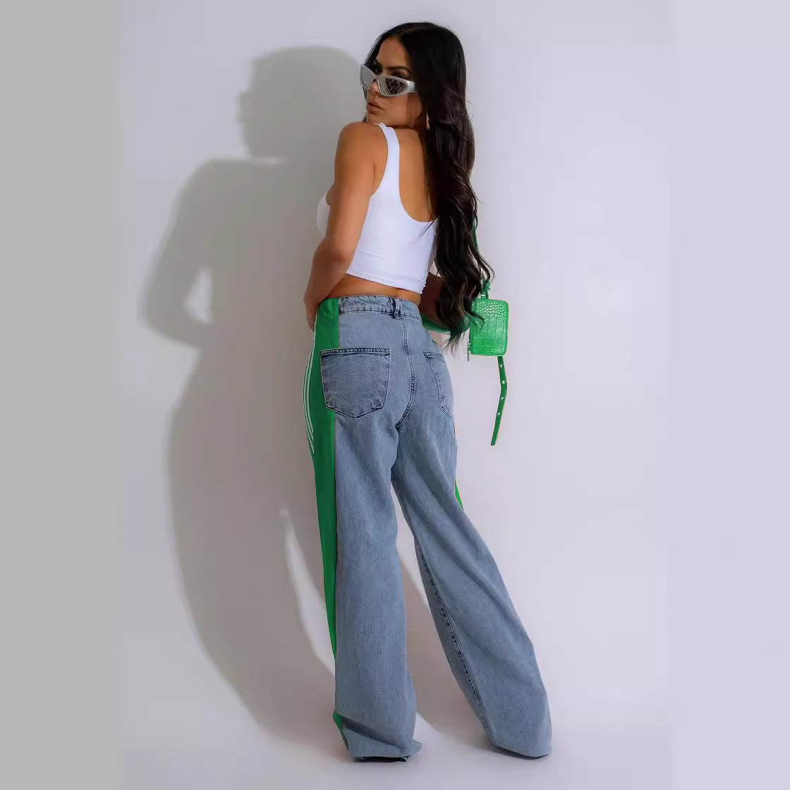Casual High Waist Elastic Straight Leg Trousers Three Stripe Patchwork Denim Wide Leg Pants Streetwear