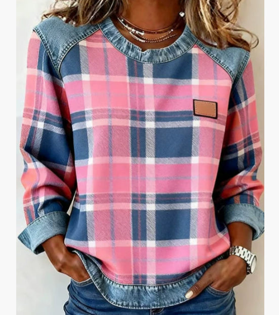 Denim Patchwork Sweatshirt Fashion Unique Crewneck Pullover Long-sleeved Shirt Top Women's Clothing