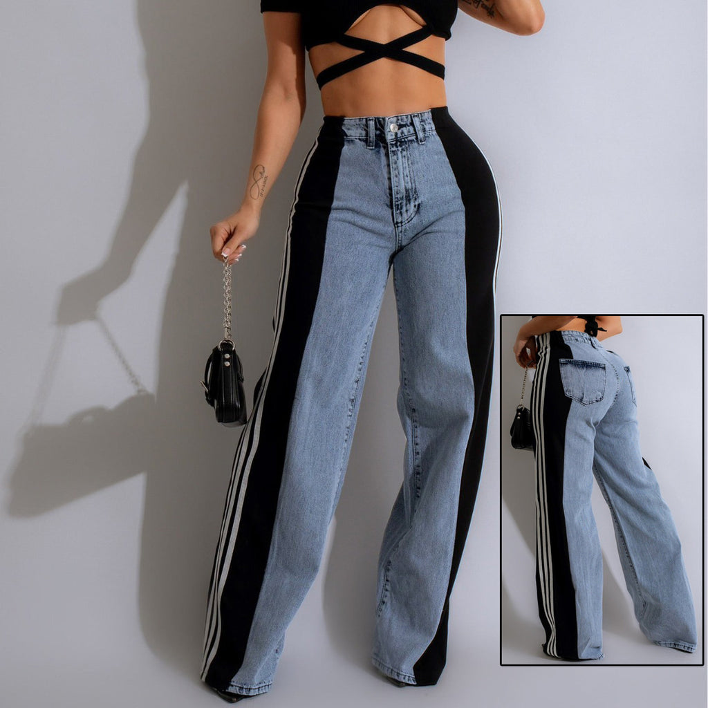 Casual High Waist Elastic Straight Leg Trousers Three Stripe Patchwork Denim Wide Leg Pants Streetwear